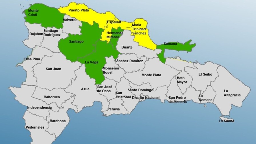 Espaillat, Puerto Plata y María Trinidad Sánchez en alerta amarilla; cinco provincias en verde