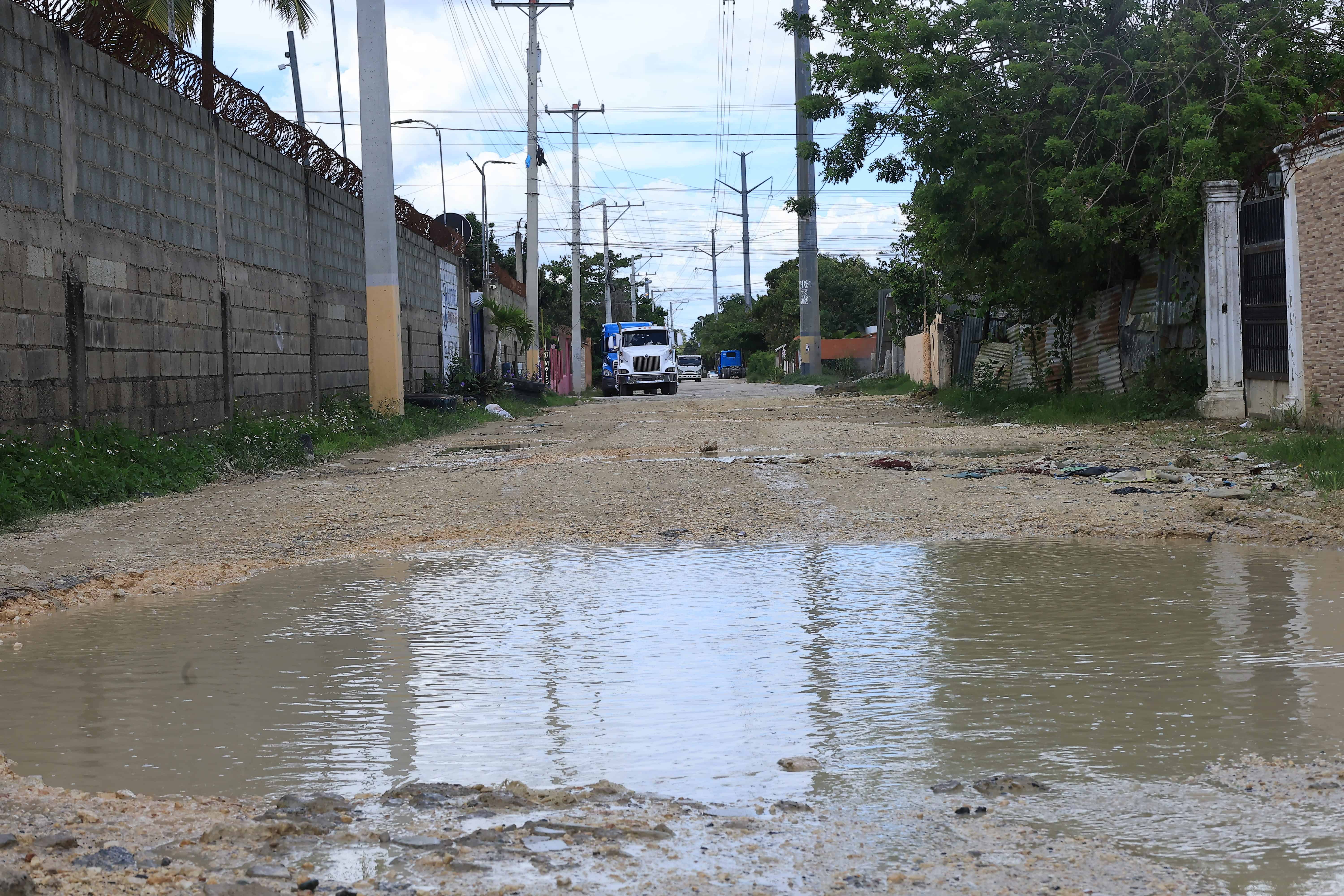 Bache en una calle de Brisas del Norte en Boca Chica. 